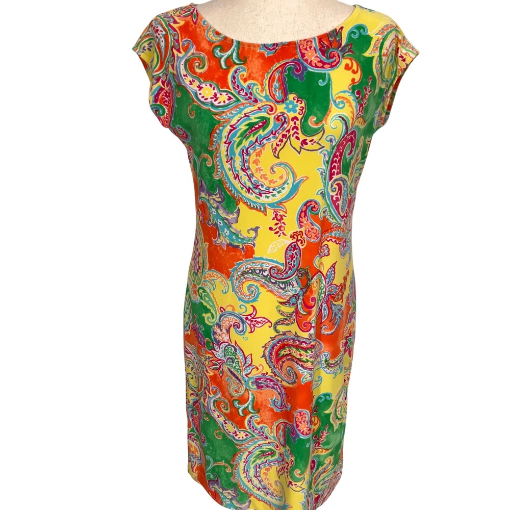 Lauren Ralph Lauren Dress PM‎ Yellow Multicolor Paisley Vibrant Sheath Stretch